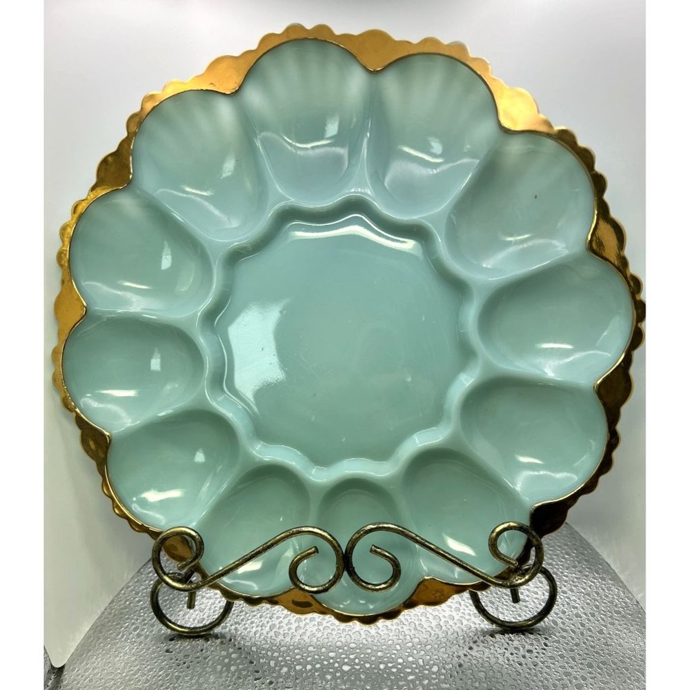 Vintage Fire King Egg Oyster Blue Glass Dish with 22K Gold Trim 9.5" 1950's Gift